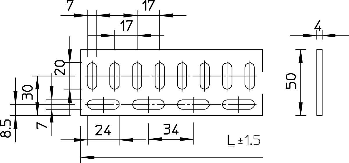 Technische Zeichnung eines Steckverbinders mit Abmessungen: Länge 50mm, Breite 34mm, Höhe 8.5mm.