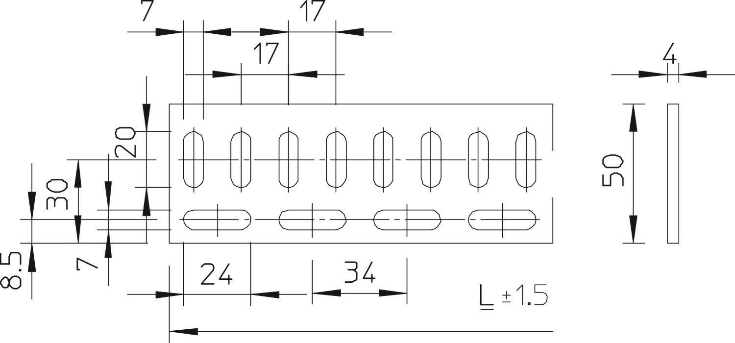 Technische Zeichnung zeigt eine rechteckige Platte mit acht ovalen Löchern. Maßangaben: Länge 50 mm, Breite 30 mm, Löcher 17 mm voneinander entfernt.
