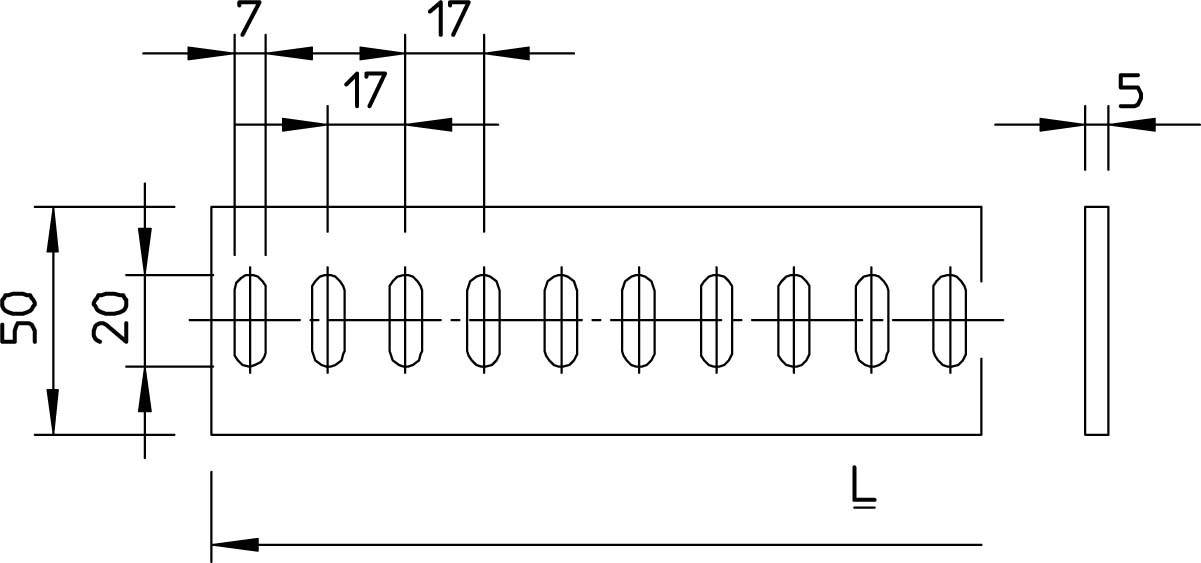 Technische Zeichnung eines rechteckigen Bauteils. Maße: 50 x 20 mm. Gleichmäßig verteilte 17-mm-Abstände zwischen Bohrungen.