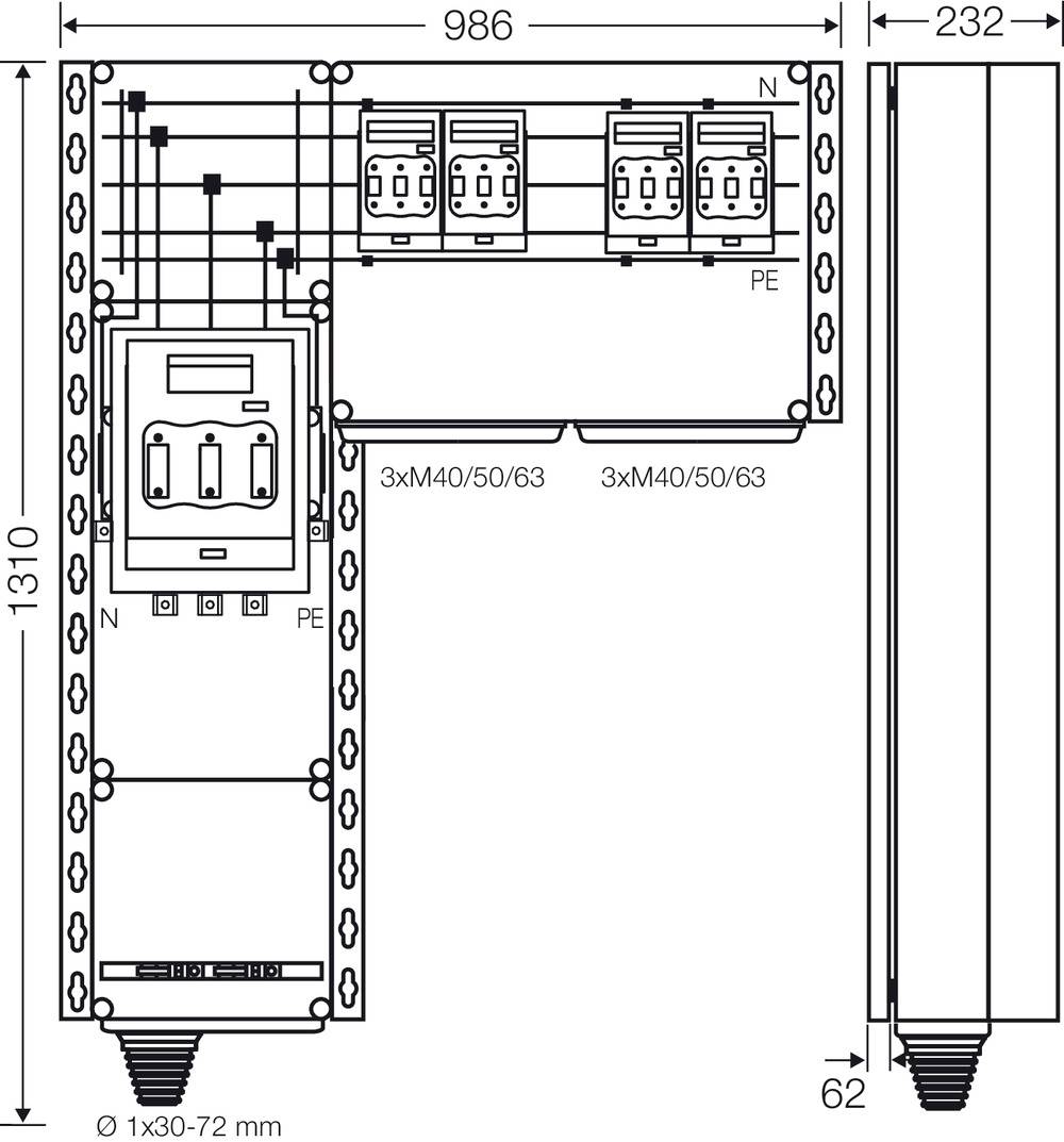 Technische Zeichnung einer elektrischen Schaltanlage mit Messungen in Millimetern. Zeigt Haupt- und Nebenschaltkreise, Beschriftungen 'PE', 'N', '3xM40/50/63'.
