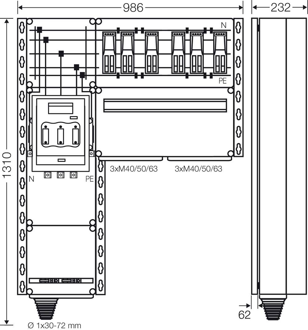 Abbildung eines elektrischen Schaltplans mit Abmessungen. Zeigt Schaltgeräte und Verkabelung in einer Verteileranlage. Maße: 986x232 mm.