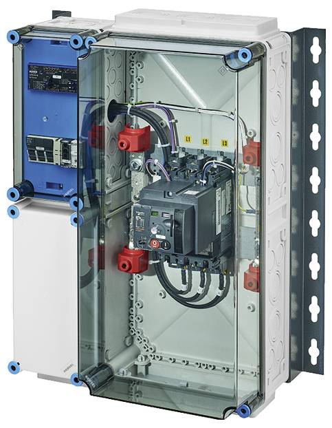 Elektrischer Schaltschrank mit transparentem Gehäuse; innenliegende Verkabelung und Komponenten sichtbar.