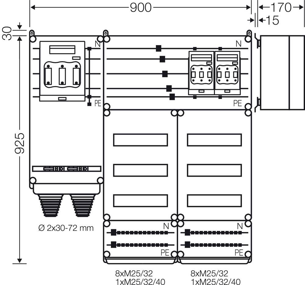 Schaltschrankschema mit Maßen. Zwei Abschnitte zeigen Schaltgeräte und Leisten. Maße: 900 mm Breite, 925 mm Höhe. Anschlüsse unten gekennzeichnet.