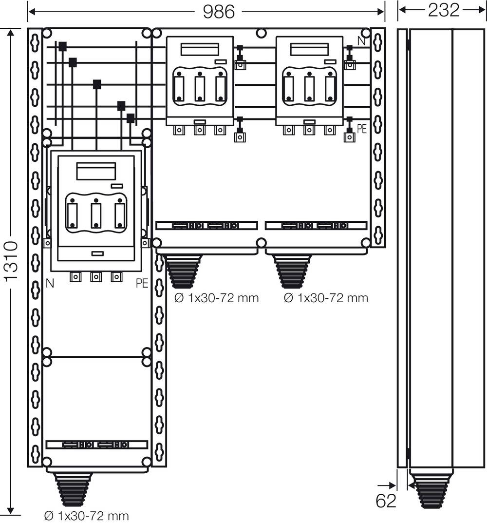 Technische Zeichnung eines Schaltschrankes mit Abmessungen 986x1310 mm. Anschlussfelder und Sicherungskomponenten dargestellt.