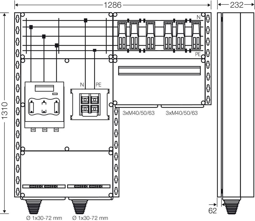 Schaltplan eines elektrischen Verteilers mit verschiedenen Sicherungen und Anschlüssen, inklusive Maßangaben in Millimetern.