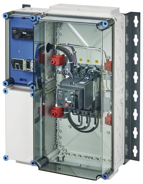 Elektrischer Schaltschrank mit durchsichtiger Abdeckung, zeigt interne Verkabelung und Komponenten. Geeignet für industrielle Anwendungen.