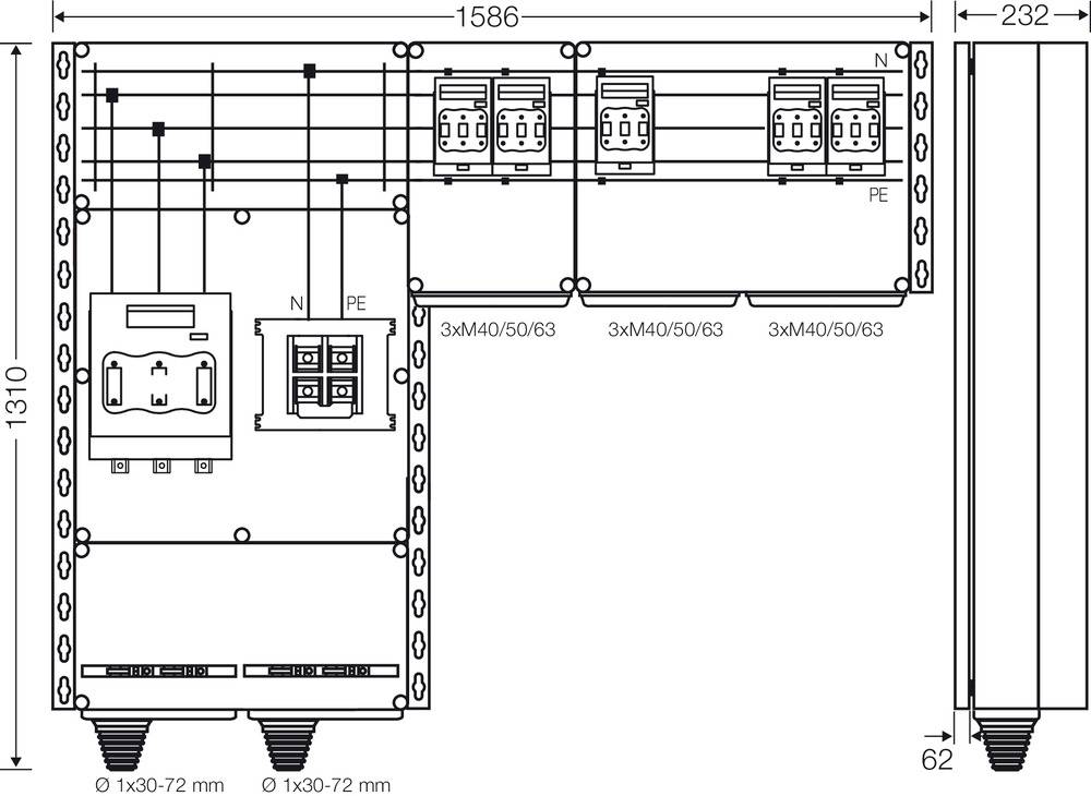 Schaltplan eines elektrischen Verteilerkastens mit mehreren Sicherungen und Verdrahtungen, zeigt Maße und Anschlüsse.