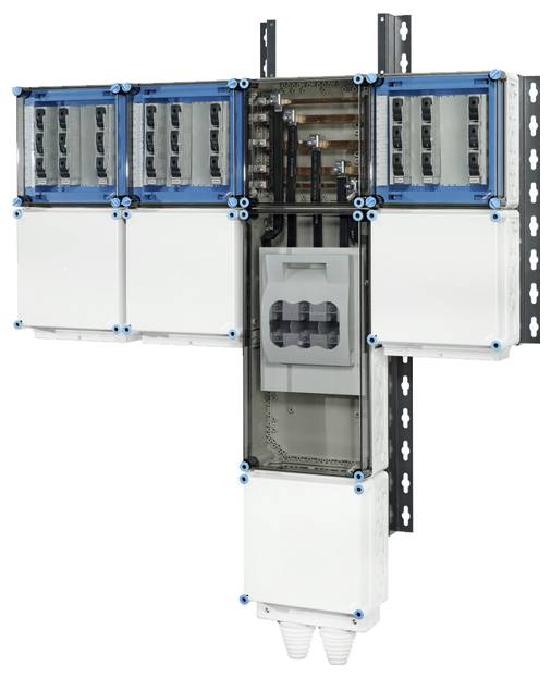 Ein Schaltschrank mit mehreren blauen Modulen und Schaltkreisen. Dient zur Verteilung und Absicherung elektrischer Leitungen.