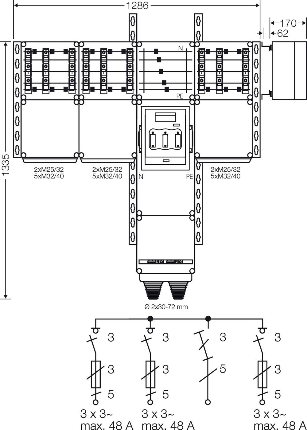 Schaltplan eines elektrischen Verteilers mit technischen Spezifikationen: Maße, Anschlüsse und Stromkreissymbole für maximale Lasten.