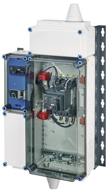 Schaltkasten mit transparentem Gehäuse, zeigt interne Verdrahtung und elektrische Bauteile. Ideal für industrielle Anwendungen.