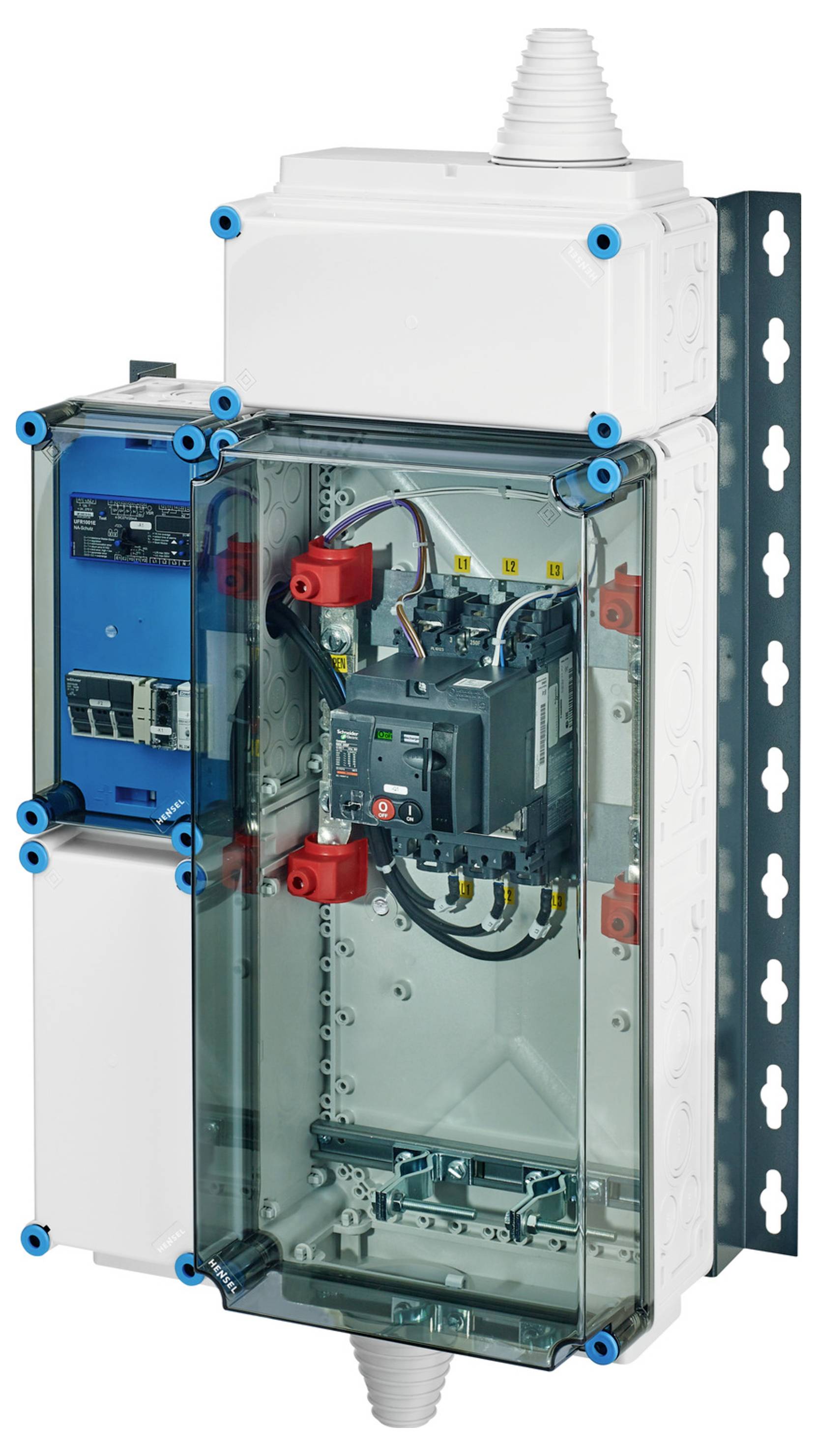 Ein elektrisches Schaltschrankgehäuse mit transparentem Gehäuse, zeigt Verkabelung und elektrische Bauteile für technische Anwendungen.