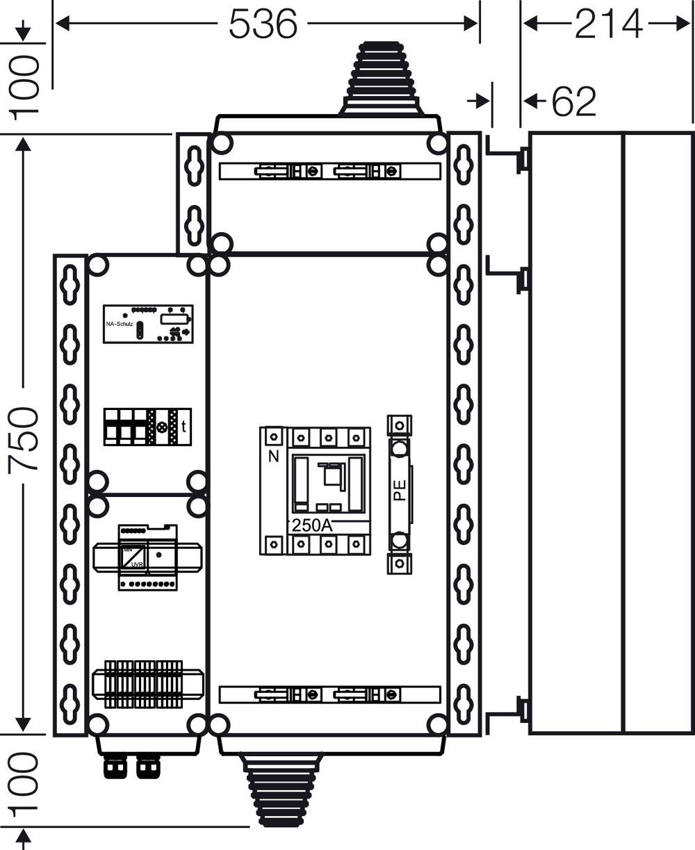 Technische Zeichnung eines elektrischen Schaltschranks. Abmessungen sind 536x750 mm, zeigt Stromkreis-Komponenten und Kabelanschlüsse.