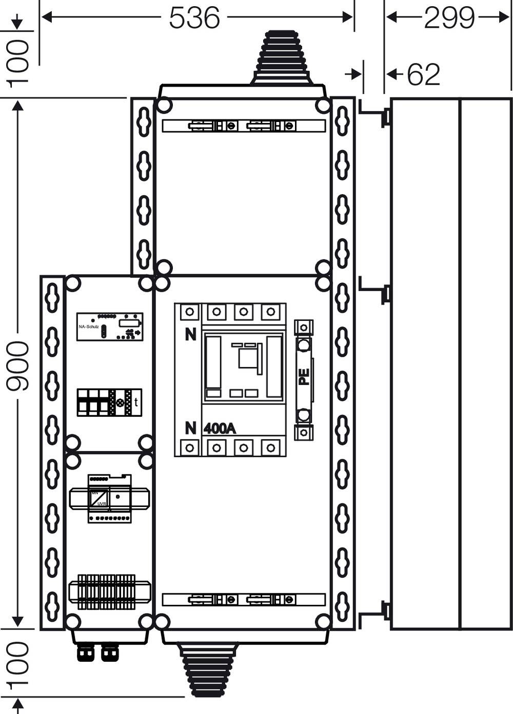 Technische Zeichnung einer elektrischen Schalttafel mit '400A' Beschriftung. Zeigt Schaltungen, Anschlüsse und Maße 900x536 mm.