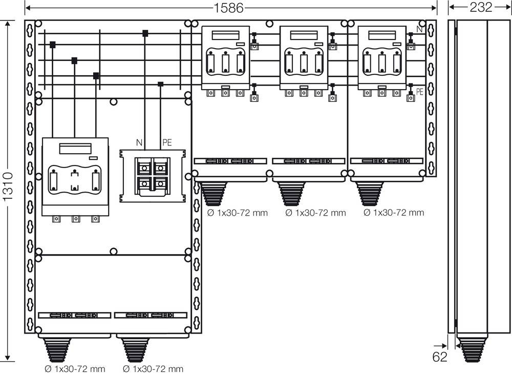 Technische Zeichnung eines elektrischen Schaltplans mit Maßen in mm: 1586 x 1310. Zeigt Verdrahtungsdetails und Komponenten.