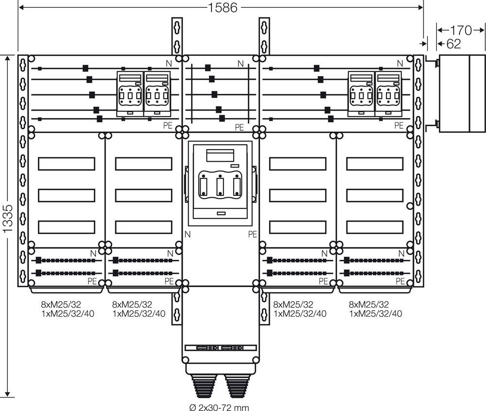 Schaltplan eines elektrischen Verteilers mit Abmessungen, Klemmenanschlüssen und Sicherungsdetails. Oberseite zeigt fünf Abgangsfelder.