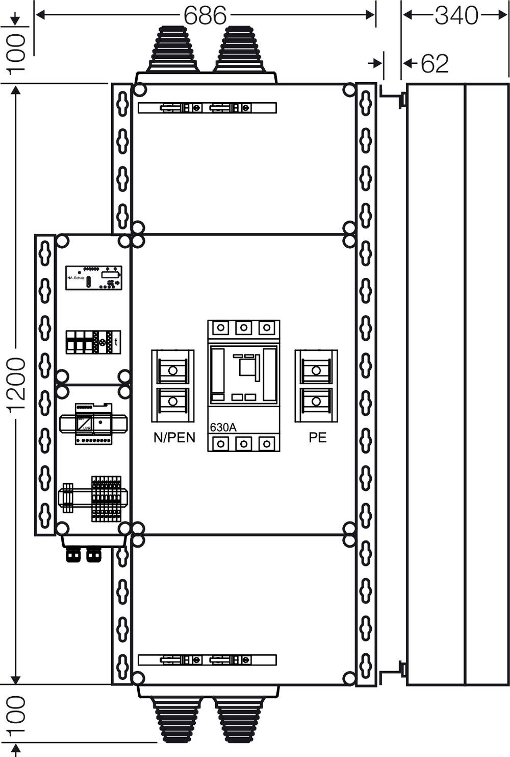 Schaltplan eines Elektroverteilers: zeigt Sicherungen, Schutzschalter und Verdrahtung. Beschriftet mit 630A, N/PEN und PE. Maße: 1200x686 mm.