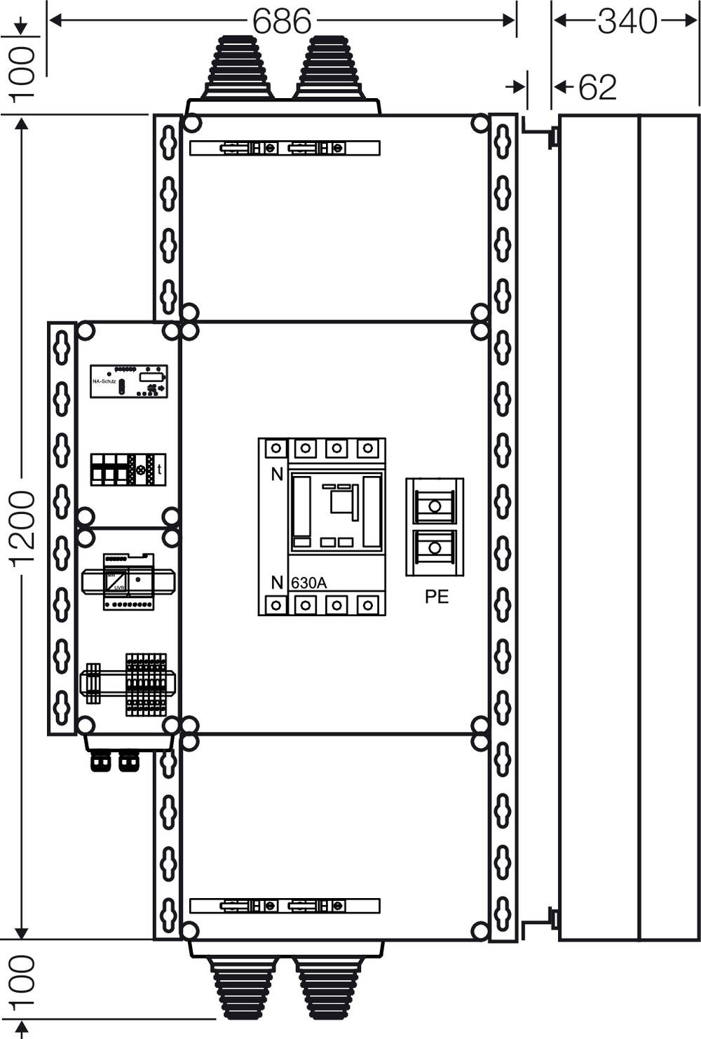 Technische Zeichnung eines elektrischen Schaltkastens mit Abmessungen. Zentral ist ein Hauptschalter (630A) mit PE und N markiert.