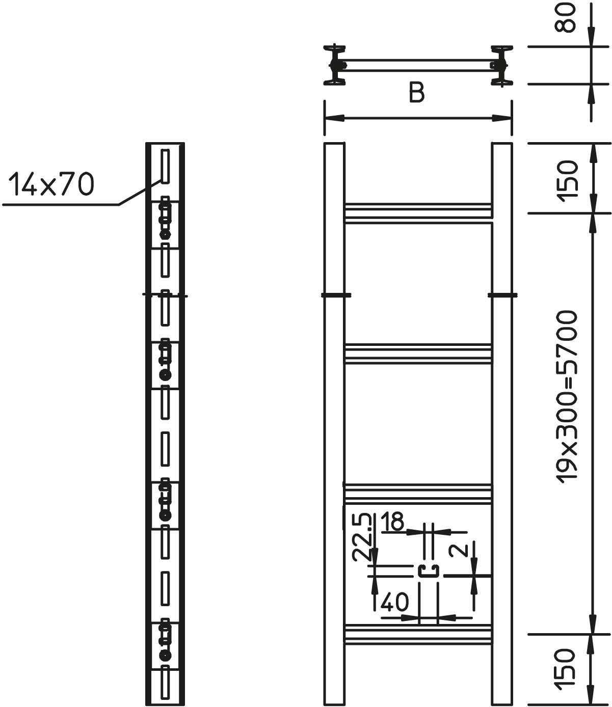 Technische Zeichnung eines Regals mit Maßen. Links Seitenansicht: 14x70. Rechts Frontansicht: Höhe 150, variabel bis 5700, Breite 'B', Regalböden in gleichmäßigen Abständen.