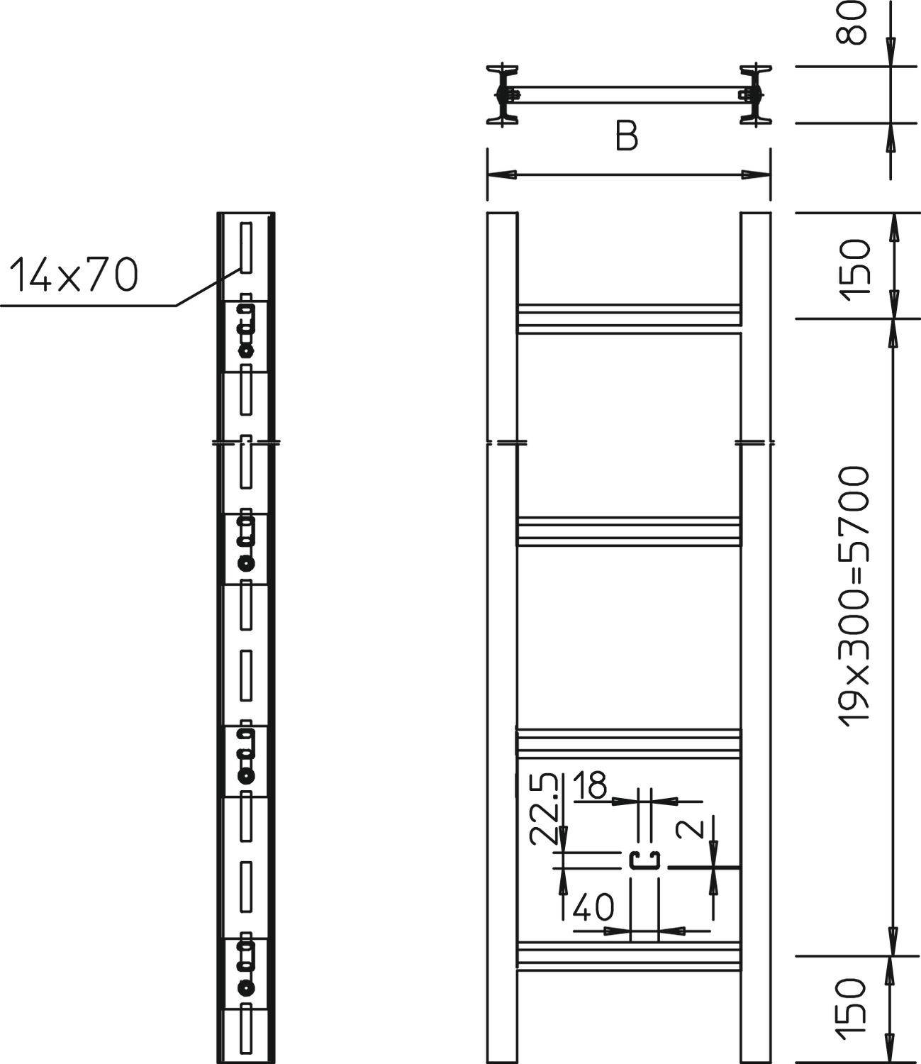 Technische Zeichnung eines Regals mit Maßen: Gesamtbreite 'B', Höhe '19x300=5700 mm', Seitenansicht zeigt Profile und Bohrungen.