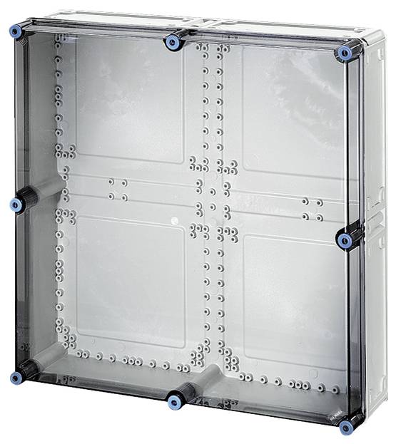 Eine transparente Kunststoff-Verteilerbox mit mehreren blauen Verschlusspunkten an den Ecken, geeignet für elektrische Installationen.