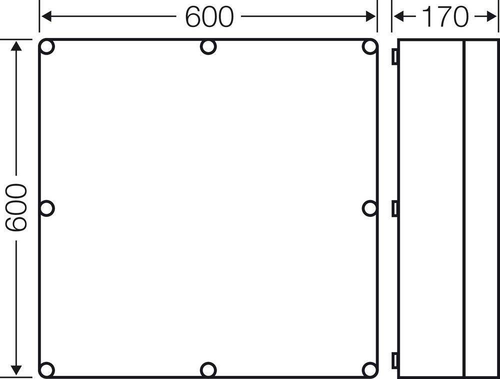 Zeichnung eines quadratischen elektrischen Gehäuses mit Maßen 600 x 600 x 170 mm, gezeigt aus Auf- und Seitenansicht.