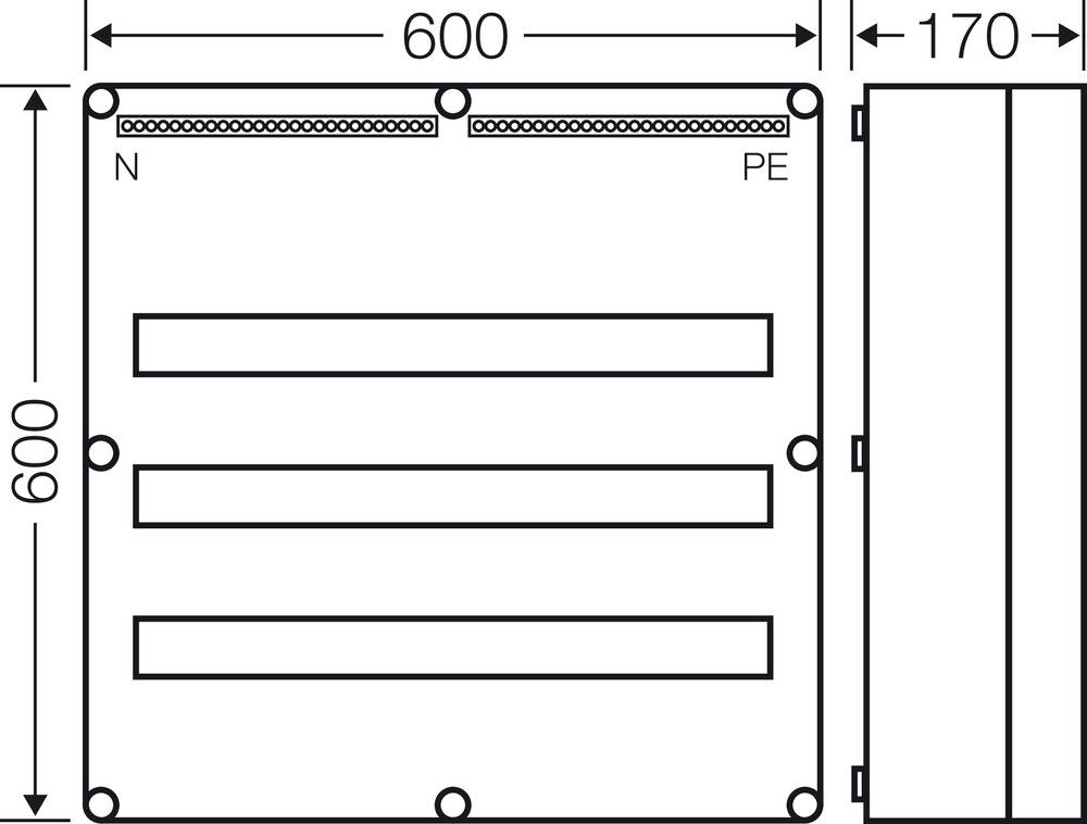 Diagramm einer elektrischen Schalttafel mit den Maßen 600 x 600 mm und einer Breite von 170 mm. Oben sind die Anschlüsse 'N' und 'PE' markiert.