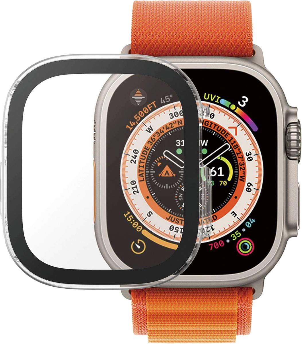 Eine Smartwatch mit orangenem Armband und komplexem Zifferblatt, das Informationen wie Höhe, GPS-Standort und UV-Index anzeigt.