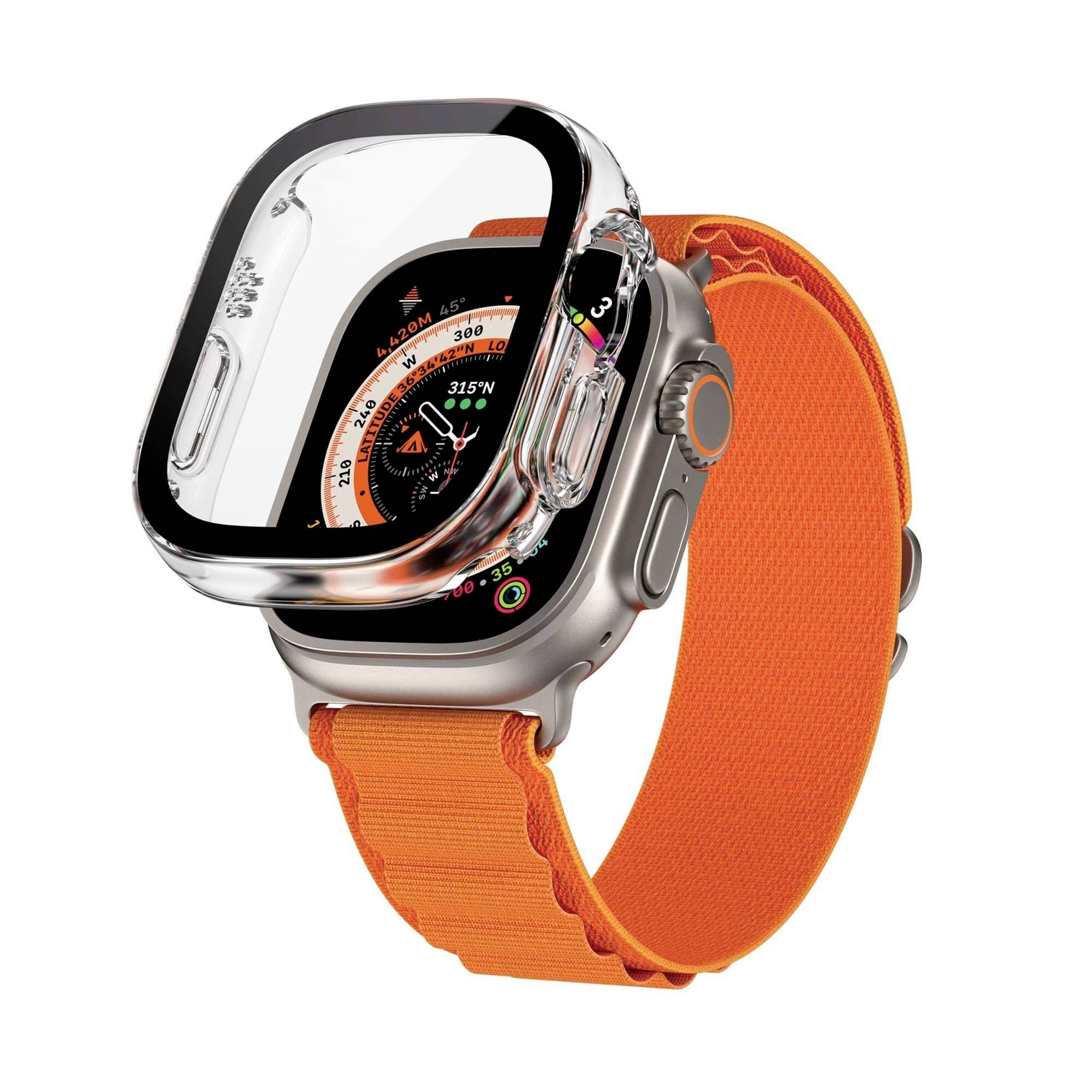 Smartwatch mit orangefarbenem Armband und transparentem Gehäuse. Das Display zeigt Zeit und verschiedene Fitnessfunktionen an.