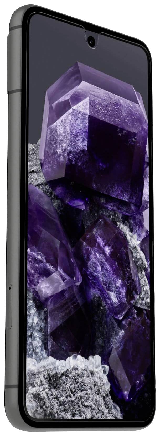 Das Bild zeigt ein Smartphone mit einem Display, das große violette Kristalle auf grauem Hintergrund anzeigt.