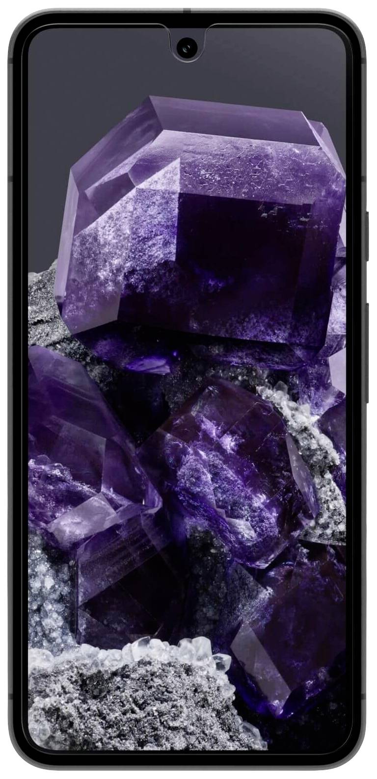 Smartphone mit einem Display, das ein Bild von violetten Kristallen zeigt. Der Bildschirm geht fast bis zum Rand des Geräts.