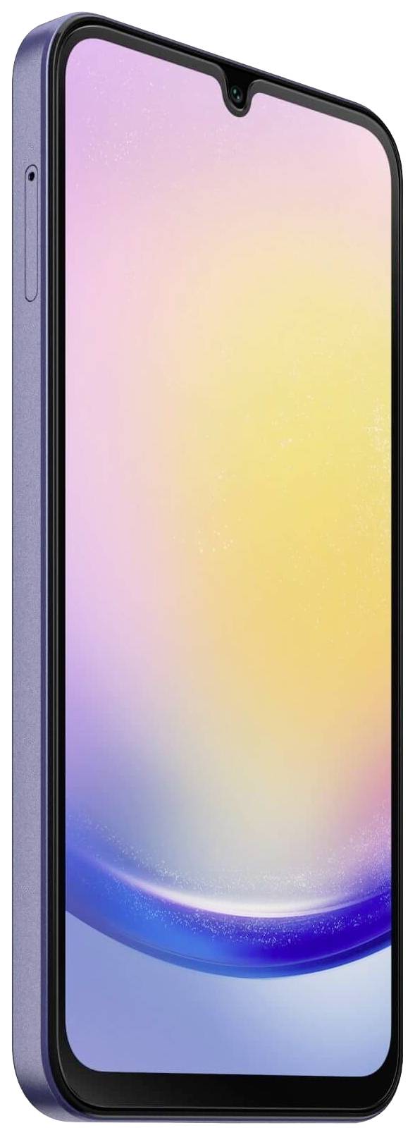 Smartphone mit violettem Rahmen und Display, das einen Farbverlauf von Gelb nach Blau zeigt.