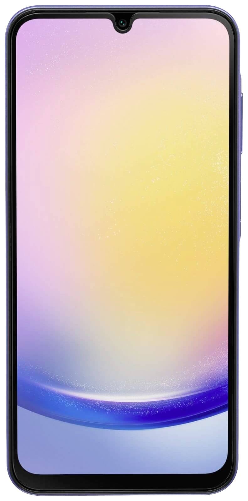 Smartphone mit einem großen Bildschirm und schmalem Rand, auf dem ein farbverlaufender Hintergrund angezeigt wird.