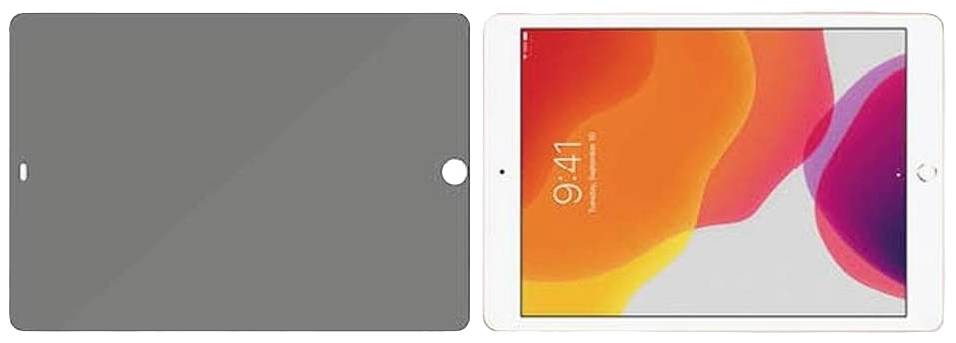 Ein Tablet mit weißem Rahmen und leuchtendem Display zeigt eine Uhrzeit von 9:41. Daneben liegt eine graue Schutzhülle.