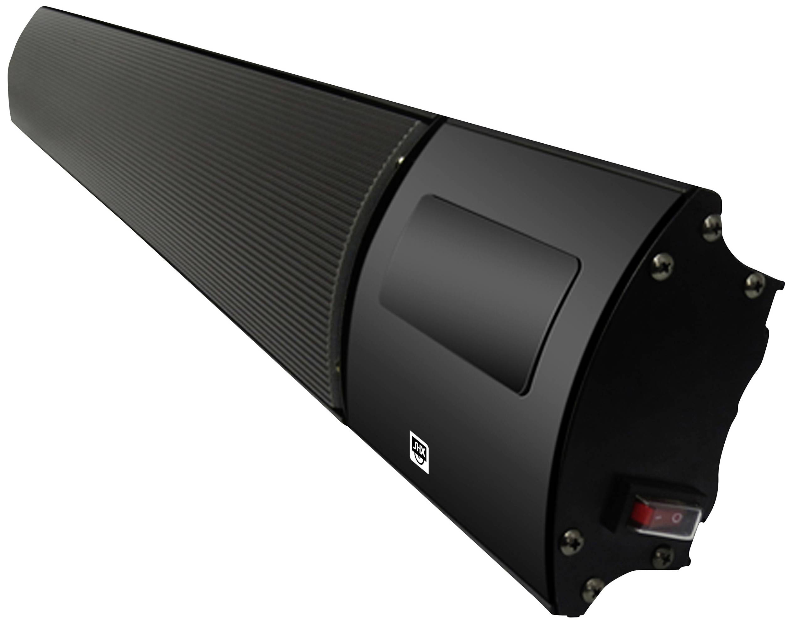 Ein schwarzer elektrischer Heizstrahler mit einem Ein/Aus-Schalter an der Seite. Geeignet für den Innen- oder Außenbereich.