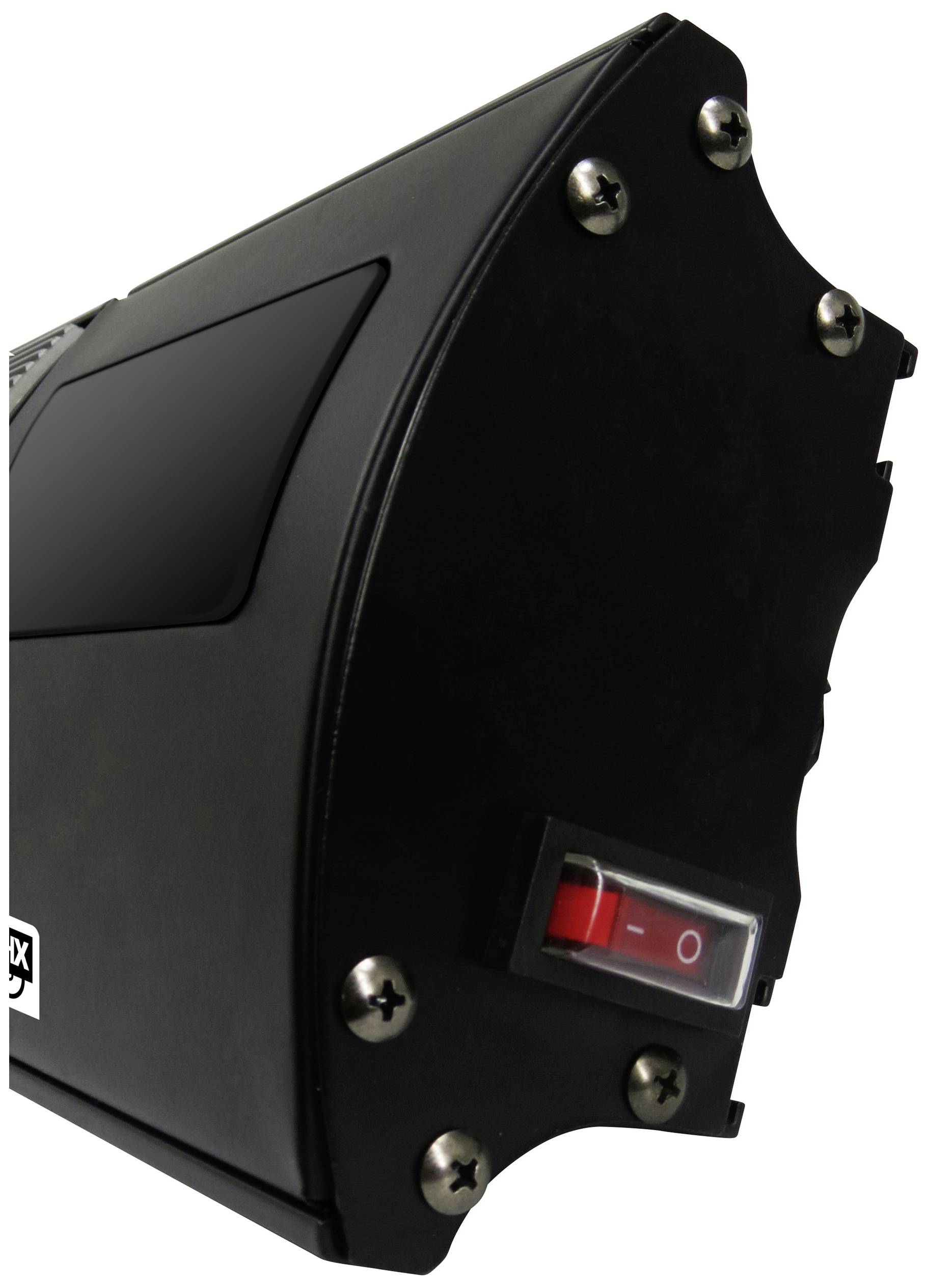 Schwarzes elektrisches Gerät mit rotem Ein-/Aus-Schalter an der Seite, befestigt mit Metallschrauben.
