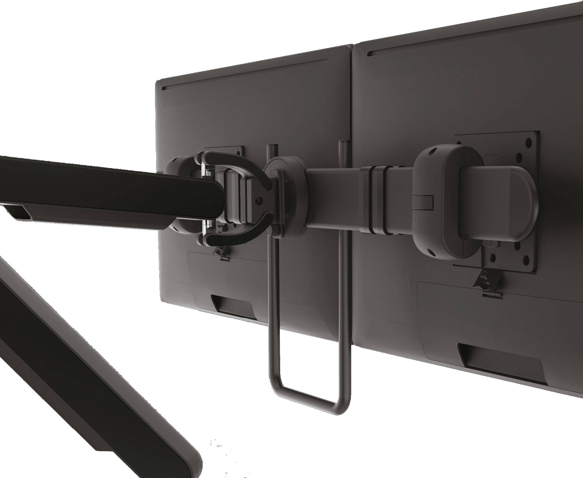 Monitorhalterung mit zwei Bildschirmen, die an einem verstellbaren Arm montiert sind, zeigt Rückansicht der Monitore mit Befestigungselementen.