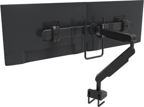 Zwei Monitore an einem verstellbaren Monitorarm montiert, die flexible Positionierung und ergonomisches Arbeiten ermöglichen.