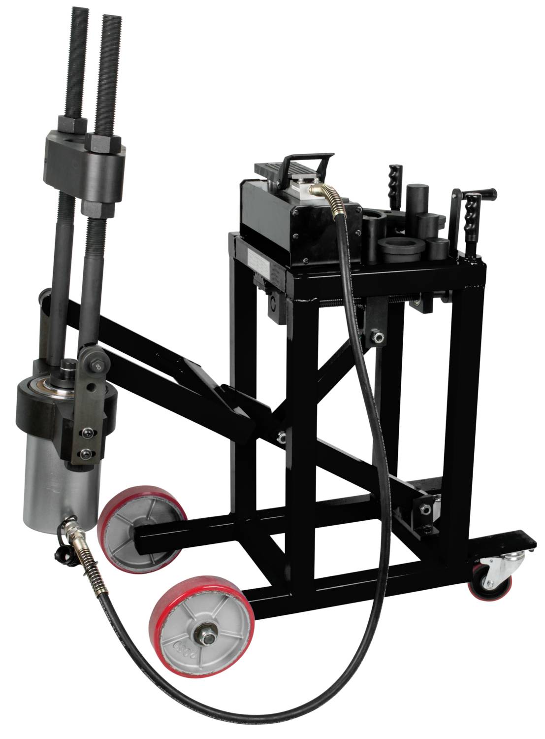Maschine zur Rohrbearbeitung mit Rädern für Transport, hydraulischem Hebelarm und Schläuchen für vielseitige Anwendungen.