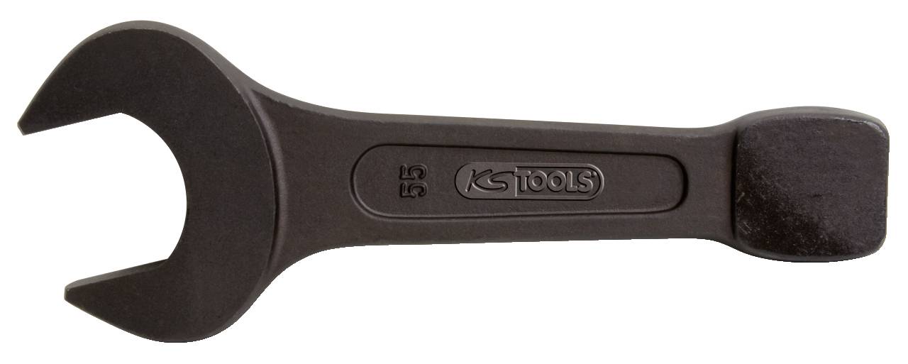 Schwarzer Schraubenschlüssel, flach mit abgerundetem Griff. Geeignet zum Drehen von Muttern und Schrauben. Markiert mit '55' und Logo.