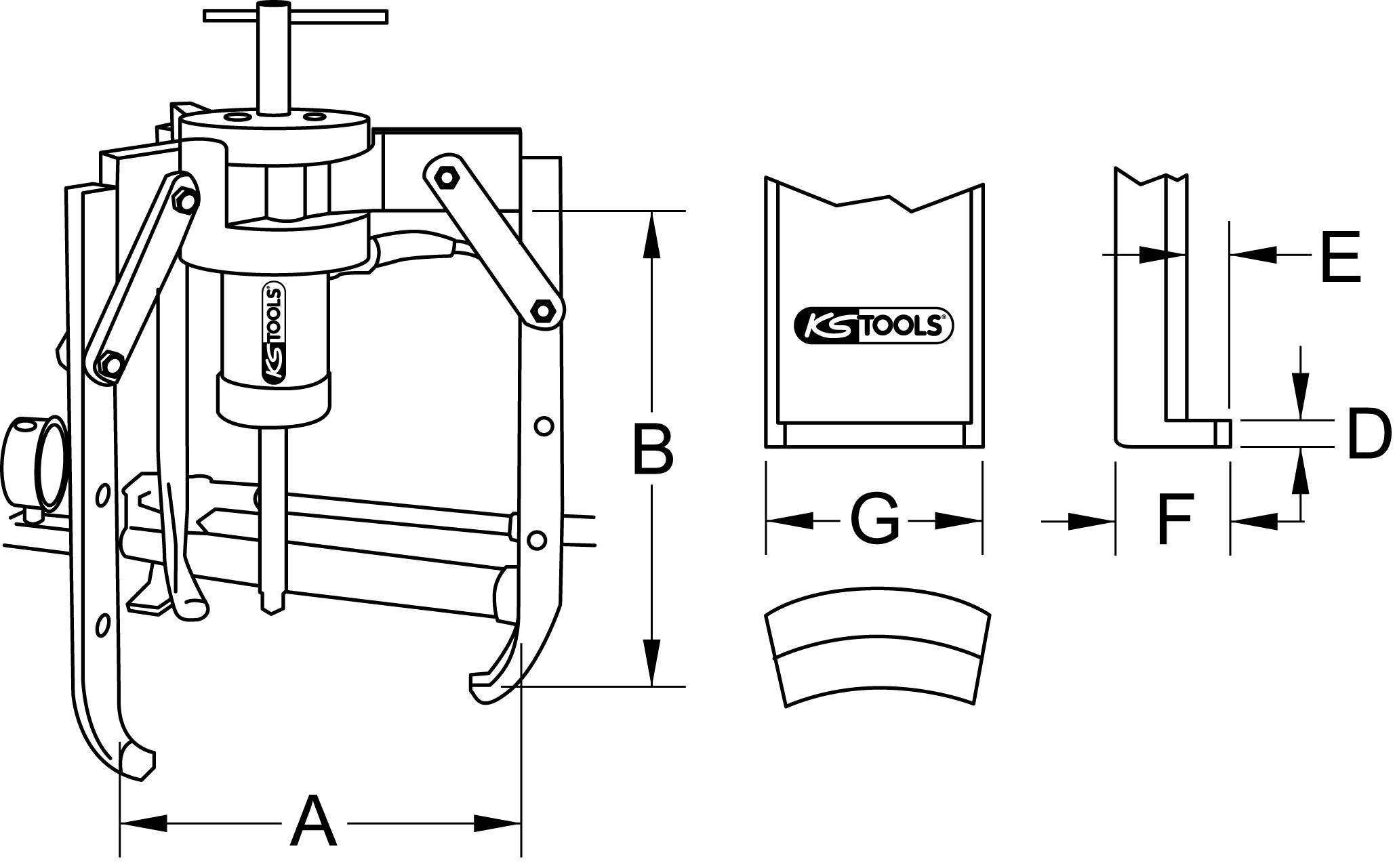 Technische Zeichnung eines Abziehers mit Abmessungen: A, B, D, E, F, G. Es zeigt die Teile und Funktionen des Werkzeugs.