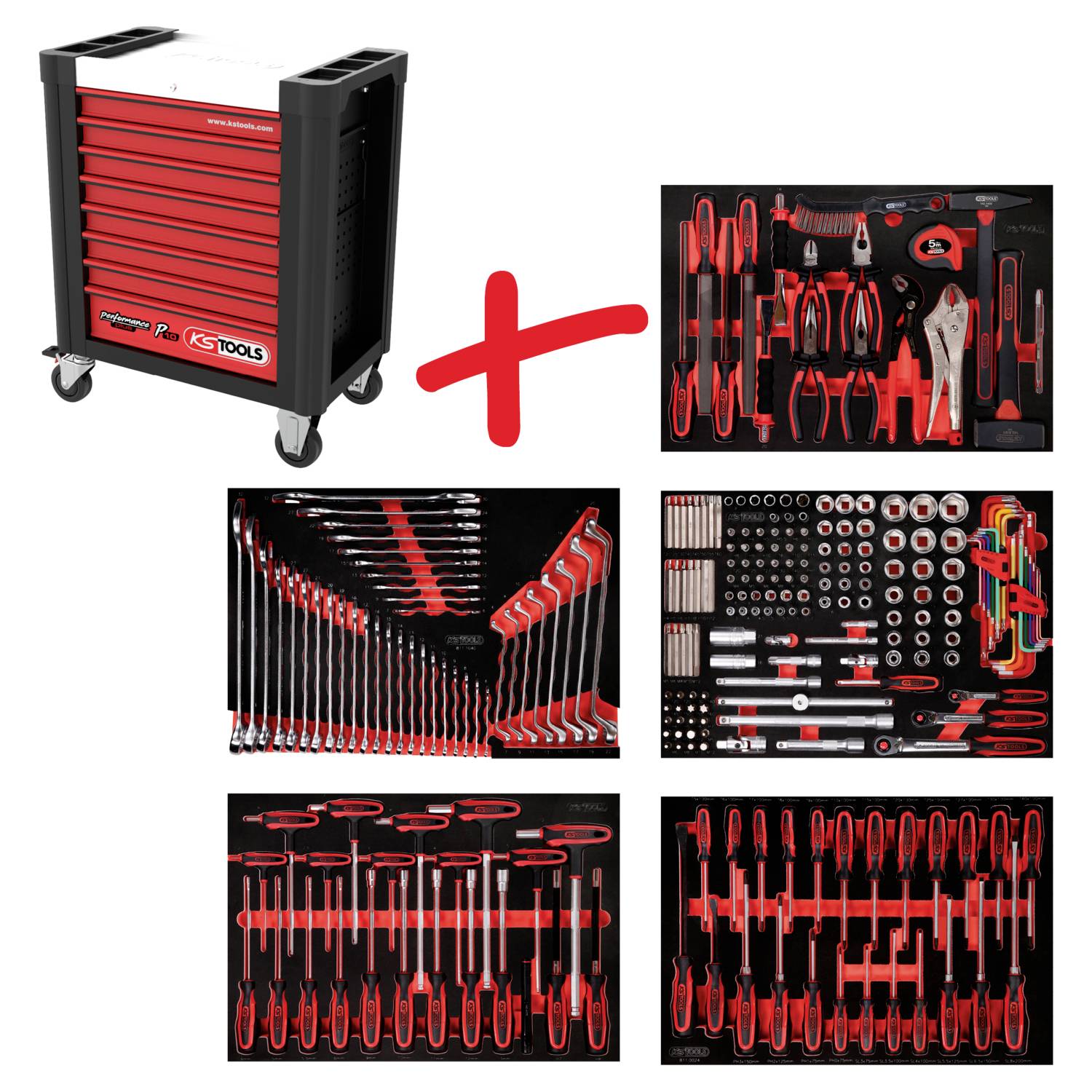 Werkzeugwagen mit sechs Schubladen, gefüllt mit verschiedenen Handwerkzeugen, darunter Schraubendreher, Zangen und Steckschlüssel.