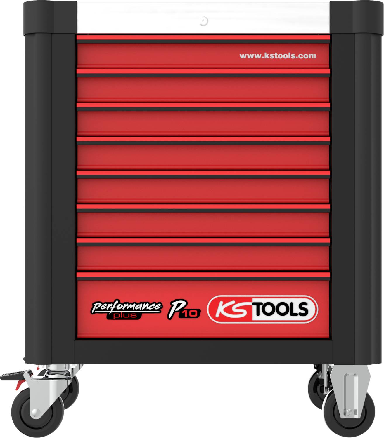 Roter Werkzeugwagen mit sieben Schubladen auf Rollen. 'KS Tools' und 'Performance Plus P10' Aufschriften auf der Vorderseite.