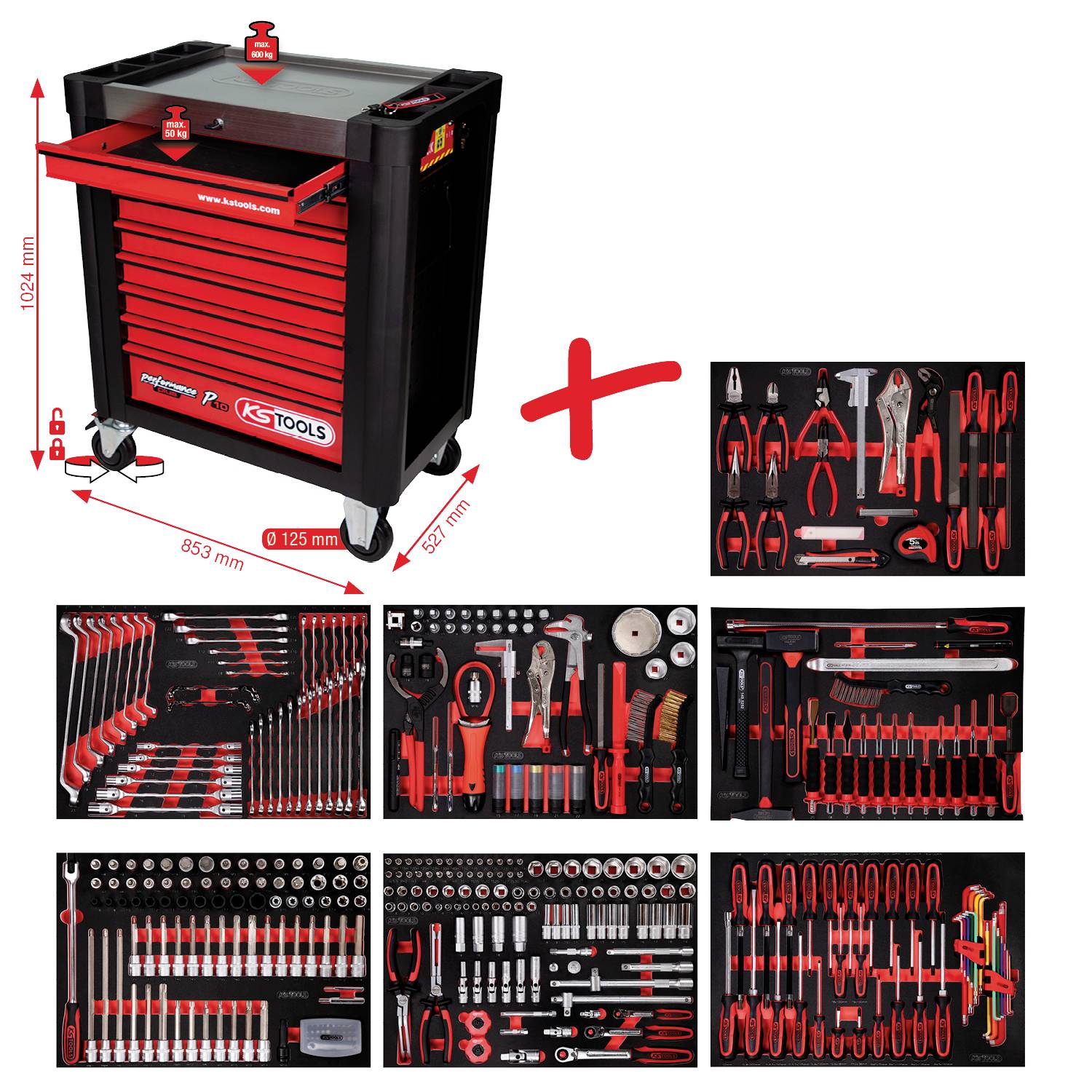 Werkzeugwagen mit Maßen (1262 x 853 mm) und sechs Schubladen voller verschiedener Werkzeuge, rot-schwarz, von KS Tools.