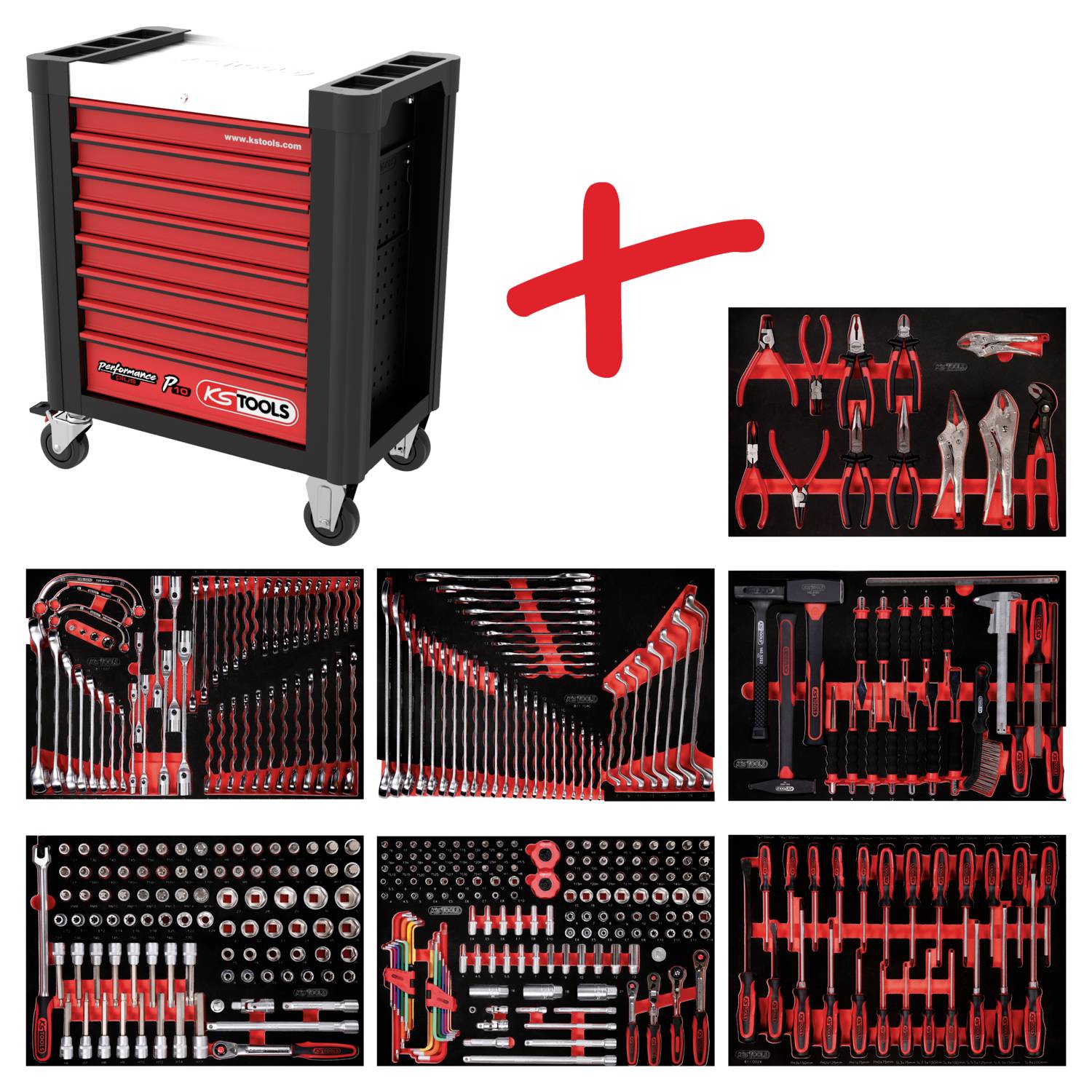 Werkstattwagen mit sieben Schubladen, gefüllt mit verschiedenen Werkzeugen wie Schraubenschlüsseln, Zangen, und Schraubendrehern, in einem Set.