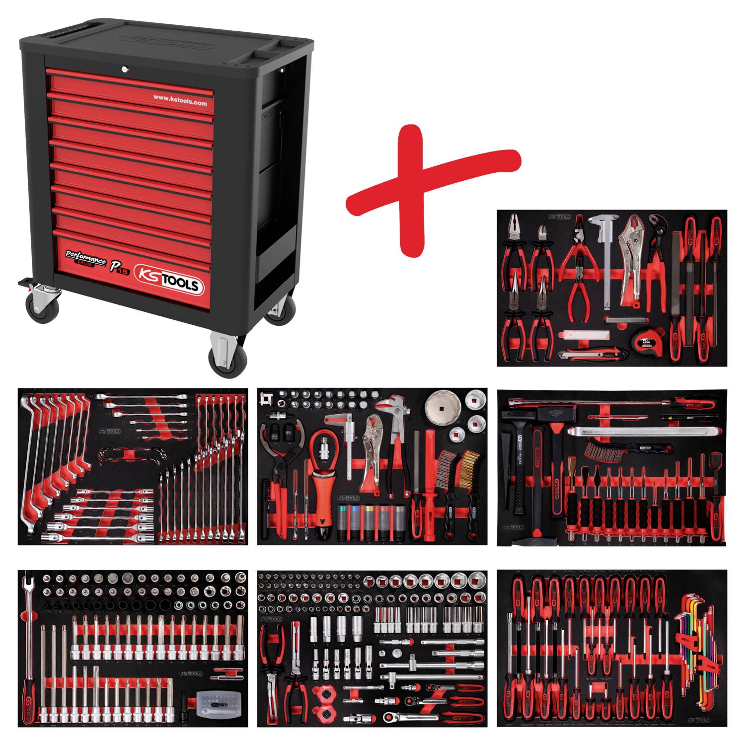 Werkzeugwagen mit sieben Schubladen und enthaltenem Werkzeugset. Verschiedene Handwerkzeuge sind sichtbar, darunter Schraubenzieher, Zangen und Schraubenschlüssel.