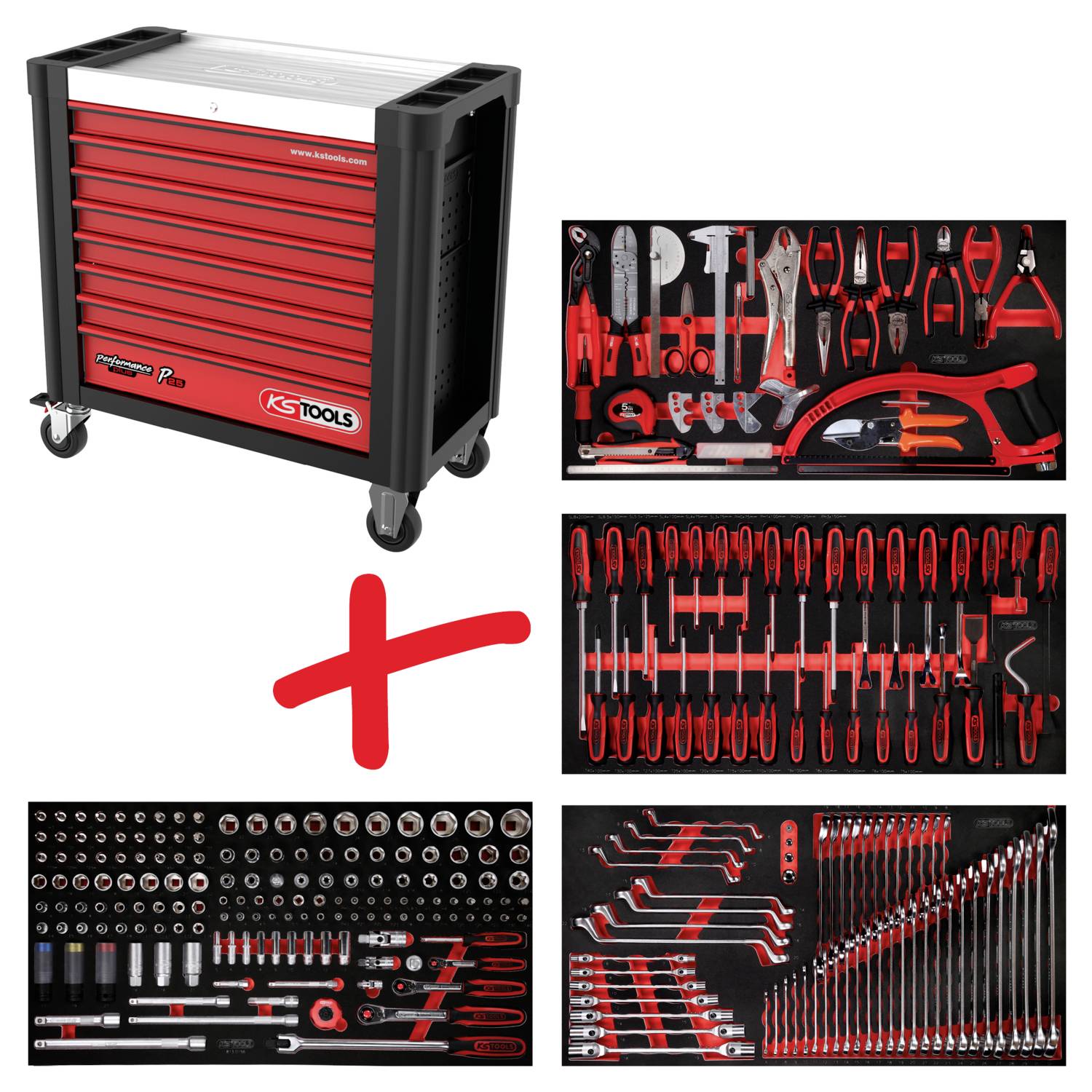 Werkzeugwagen mit mehreren Schubladen, gefüllt mit verschiedenen Werkzeugen wie Schraubenschlüsseln und Zangen, rot und schwarz gestaltet.