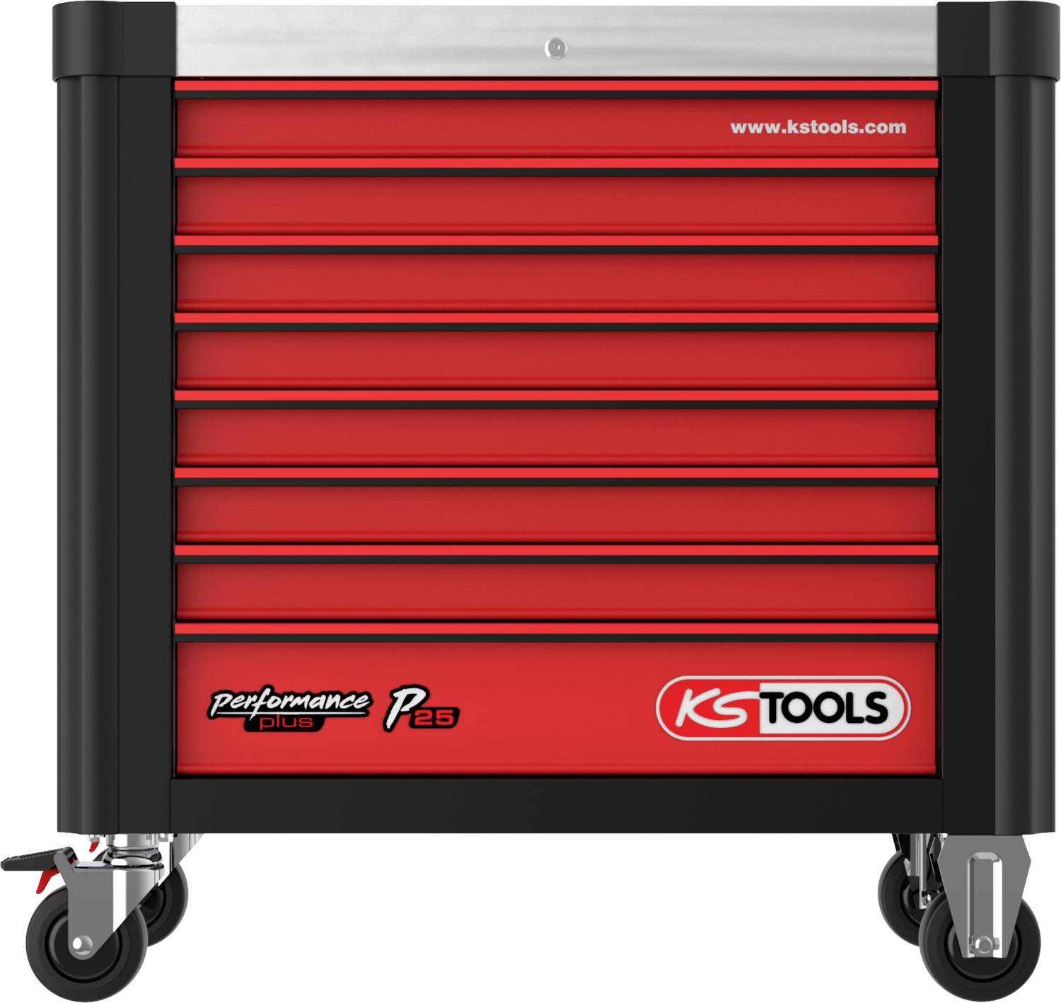 Roter Werkzeugwagen mit sieben Schubladen, schwarzen Seiten und vier Rädern. Logo mit 'KS TOOLS' steht vorne rechts.