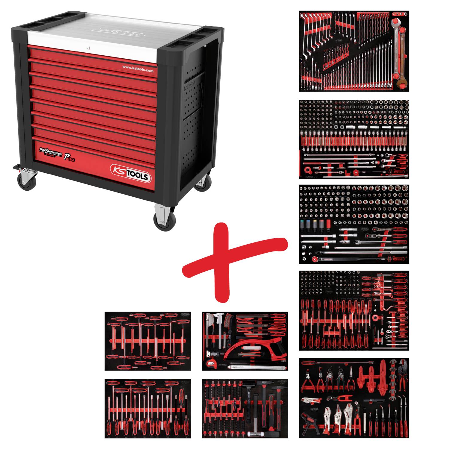 Werkzeugwagen mit mehreren Schubladen, gefüllt mit Werkzeugsätzen in herausnehmbaren Einsätzen. Ideal für umfassende Reparaturarbeiten.