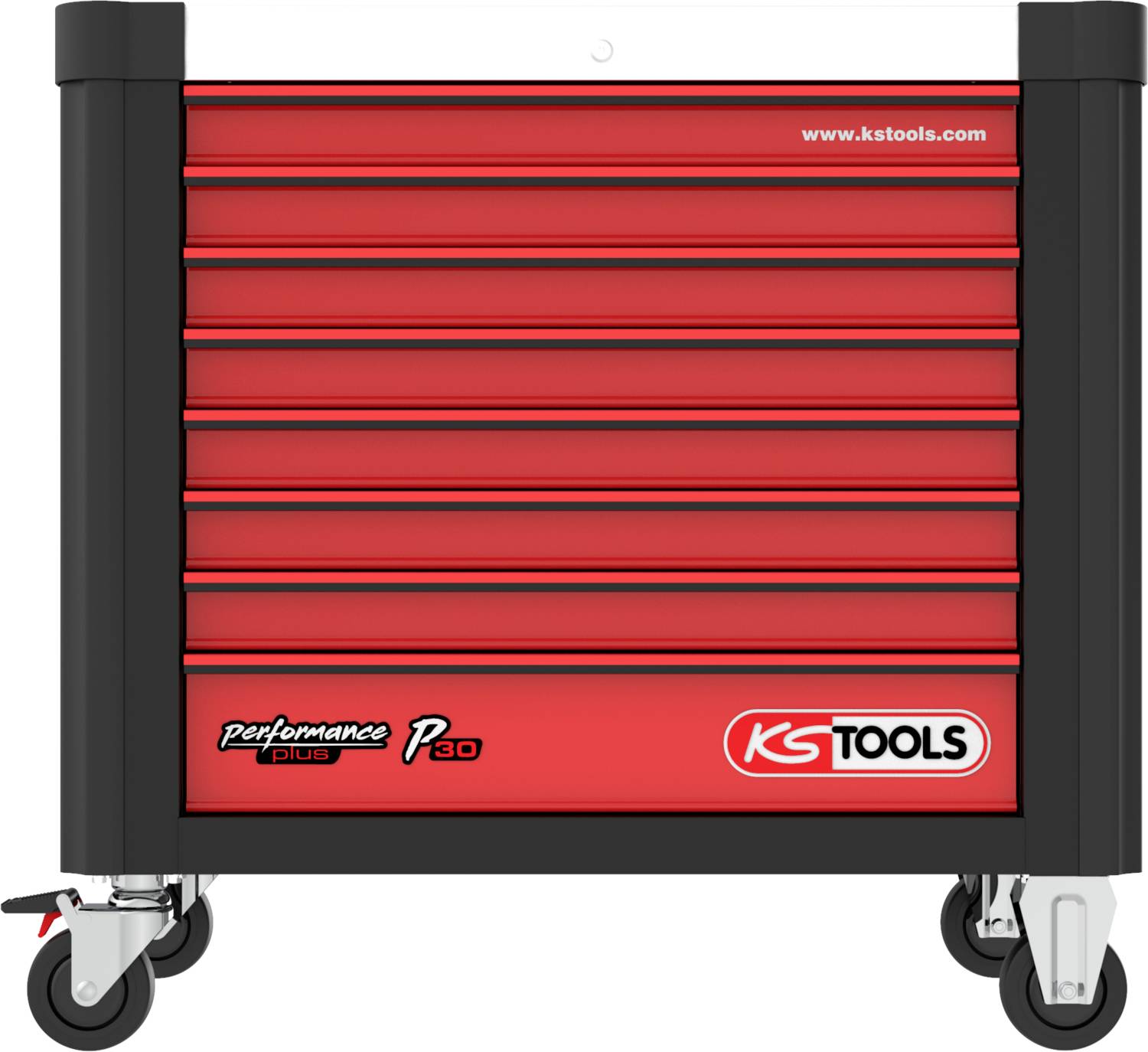 'KS Tools' Werkzeugwagen mit sechs roten Schubladen und Rollen. Logo oben rechts, Aufschrift 'Performance Plus P30' unten links.