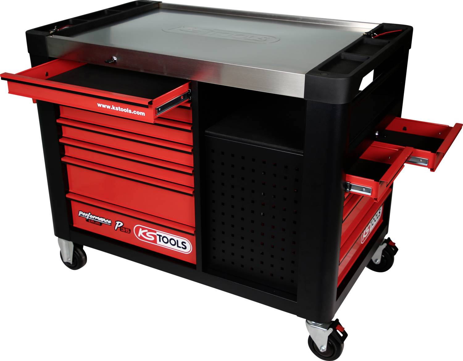 Roter Werkzeugwagen mit mehreren Schubladen und Ablageflächen, auf Rollen für einfache Mobilität, von KS Tools.